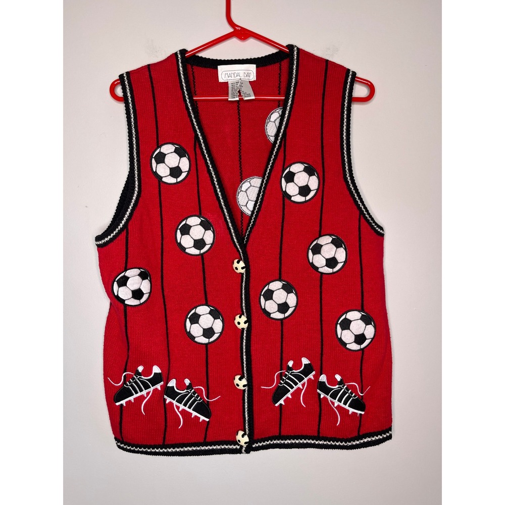 1990s Mandal Bay Soccer Mom Sports Kidcore Cleats 3D Art To Wear Sweater Vest L